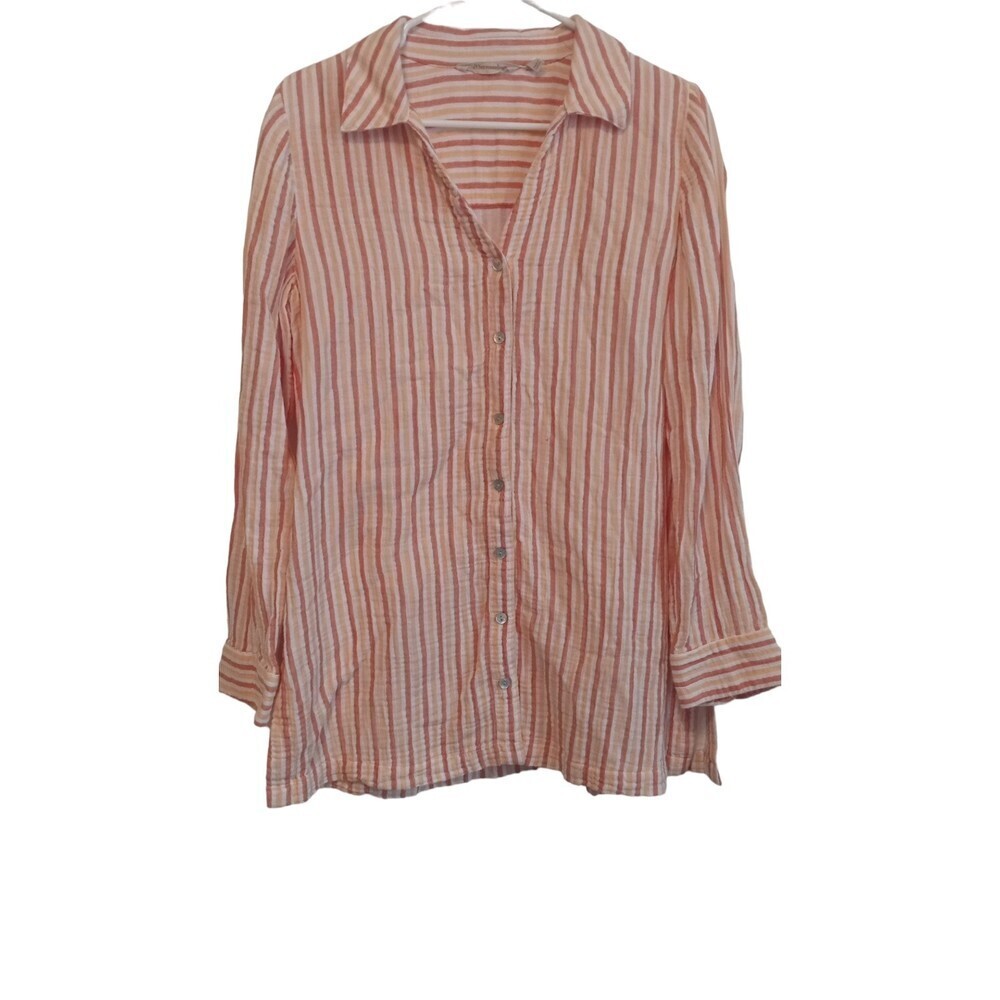 Soft Surroundings Peach and‎ pink stripe button down